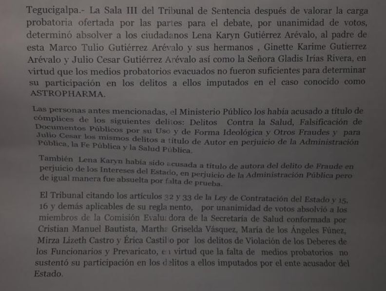 Por prueba insuficiente absuelven a implicados en el caso Astropharma