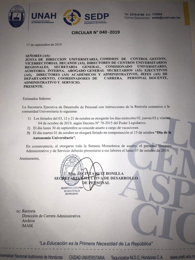 Comunicado de feriados otorgados por la UNAH
