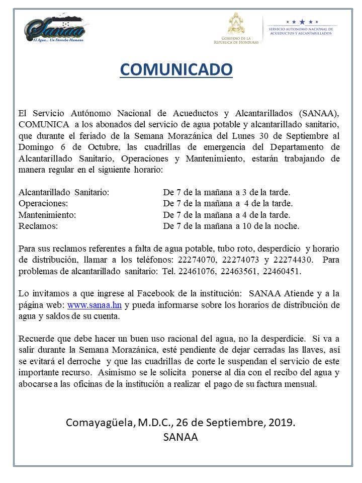 Distribución agua potable, SANAA