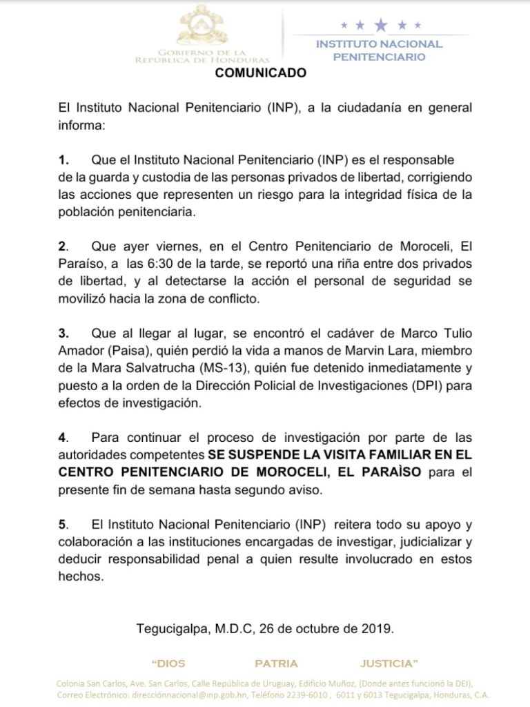 Comunicado Instituto Penitenciario. 