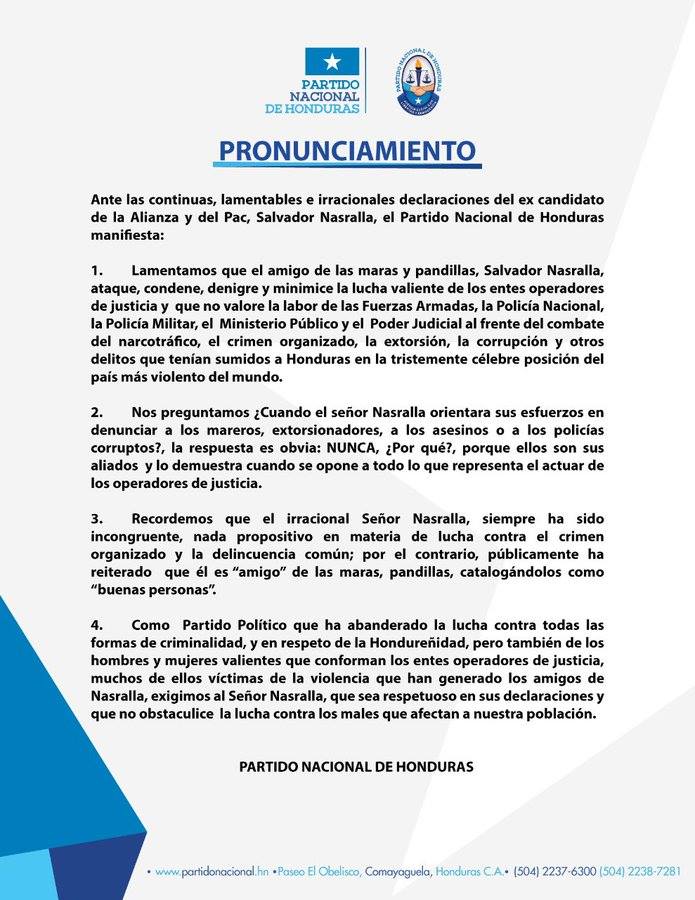Comunicado del Partido Nacional