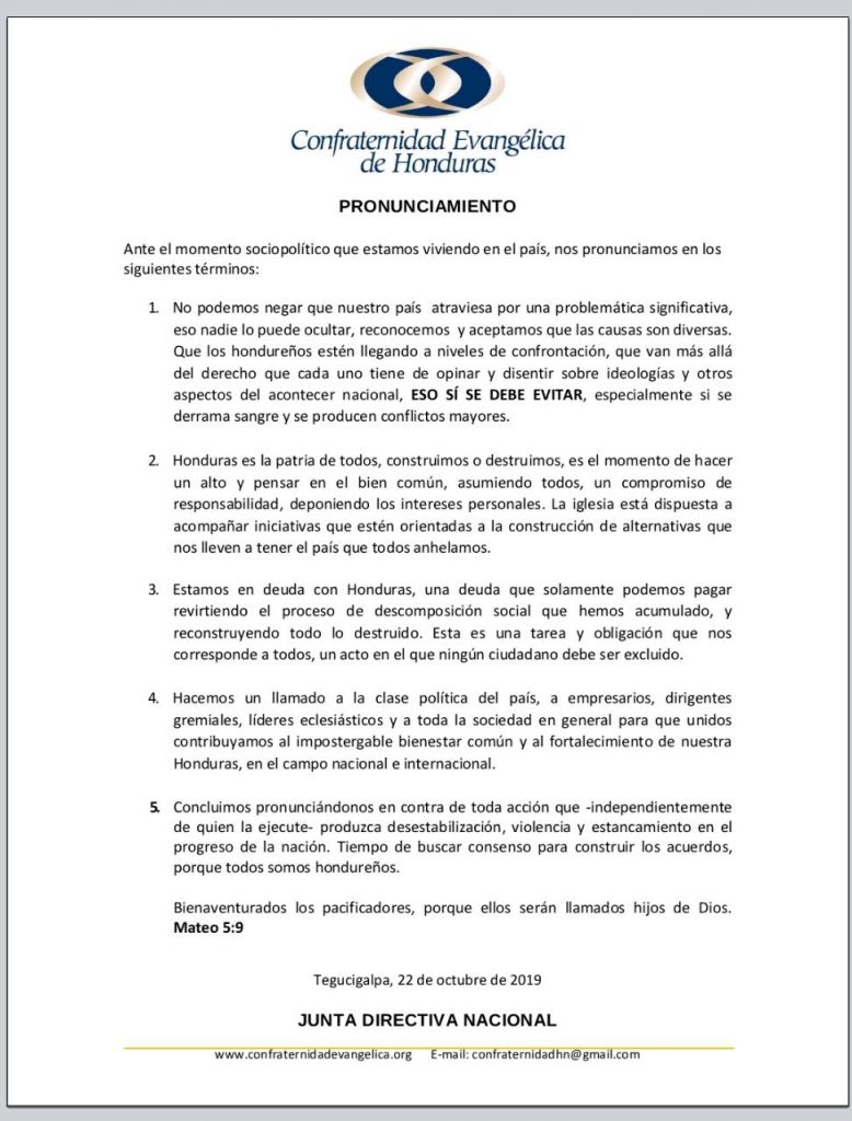 Comunicado Confraternidad Evangélica. 