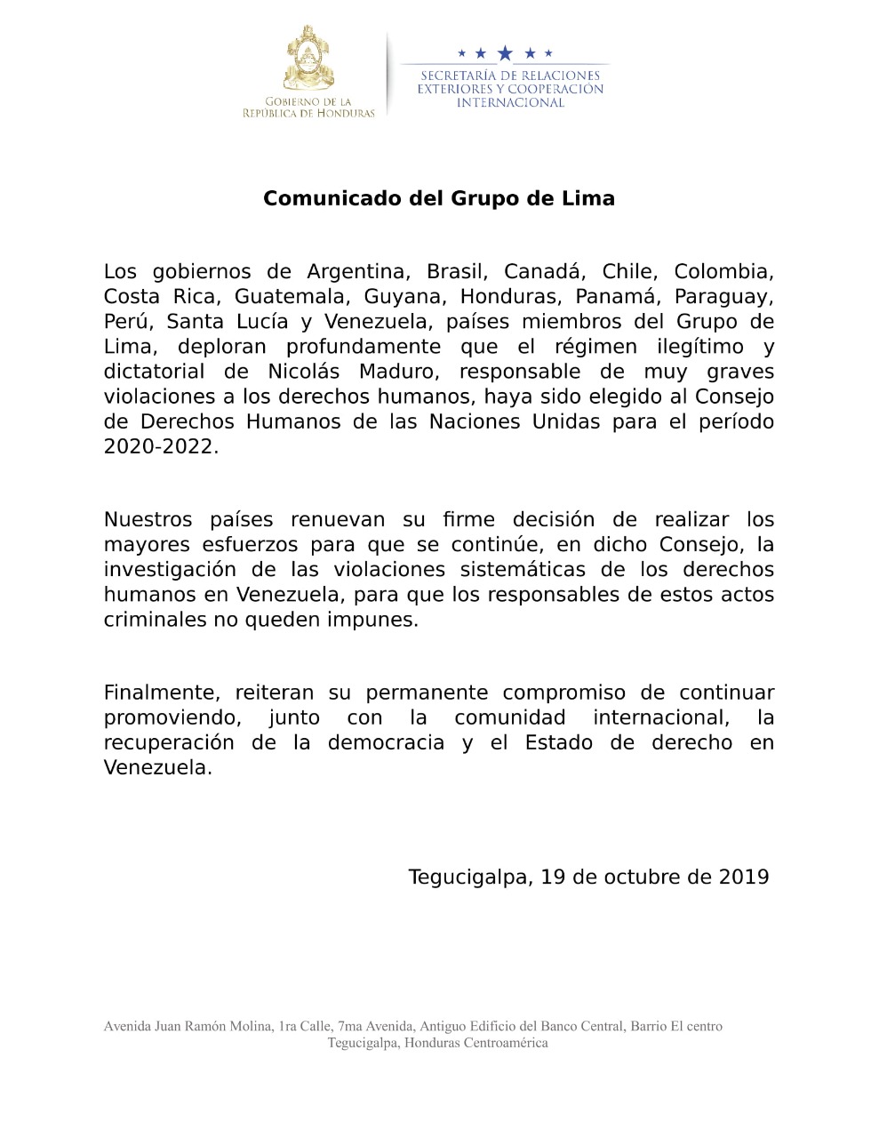Grupo de Lima critica que Venezuela sea parte del Consejo de los DD. HH. de la ONU