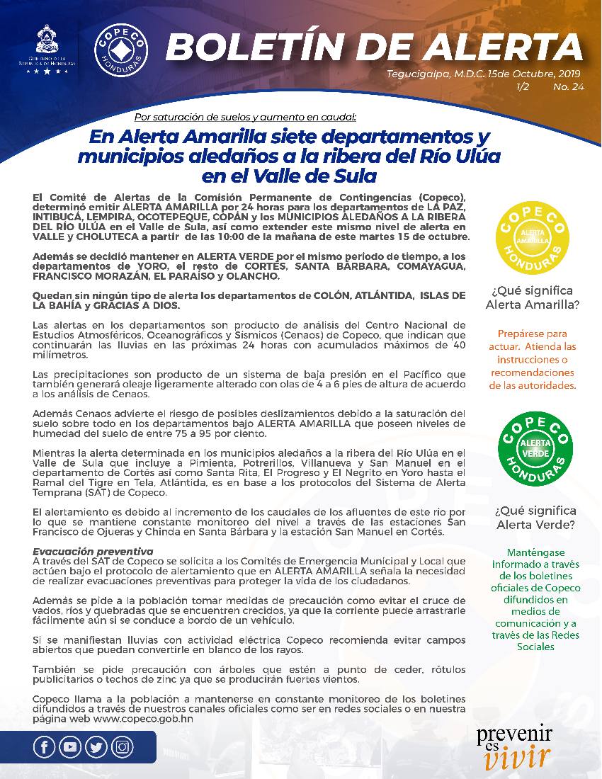 En alerta amarilla siete departamentos de Honduras