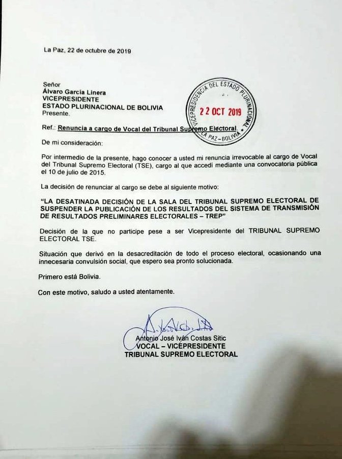 Renuncia el vicepresidente del Tribunal Electoral de Bolivia