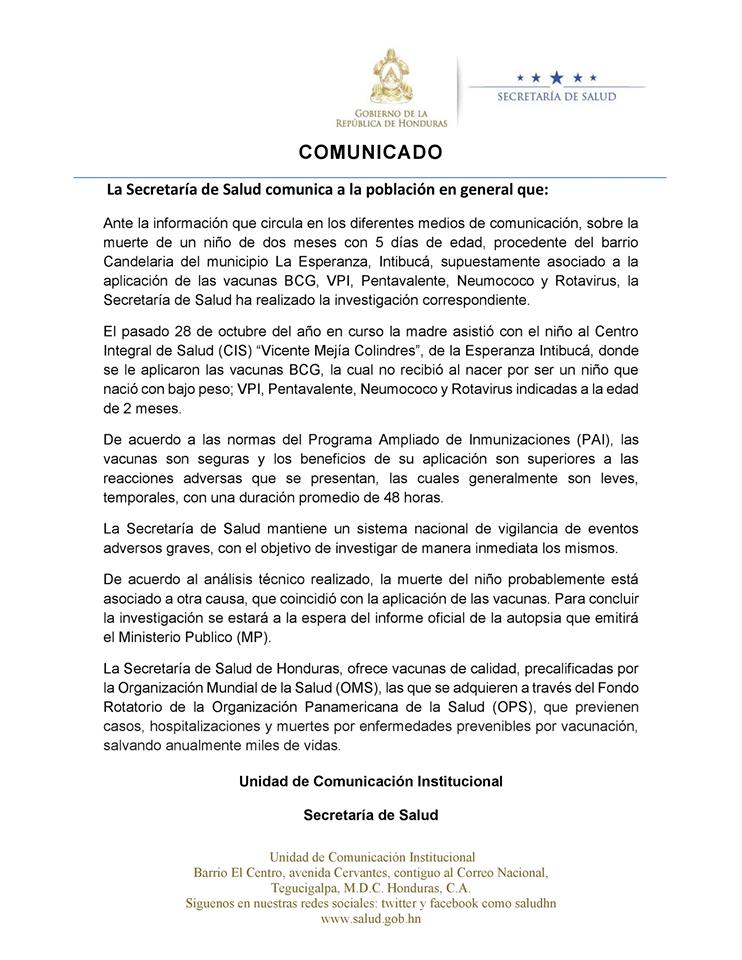 Comunicado Secretaría de Salud.