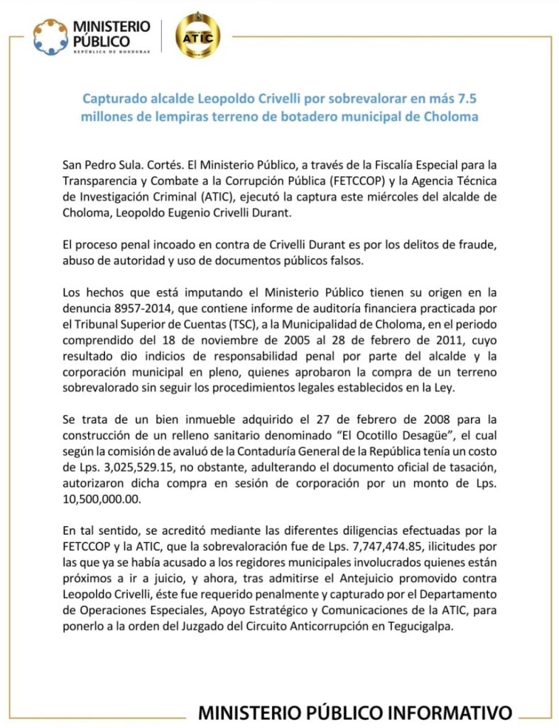 Arrestan alcalde de Choloma 