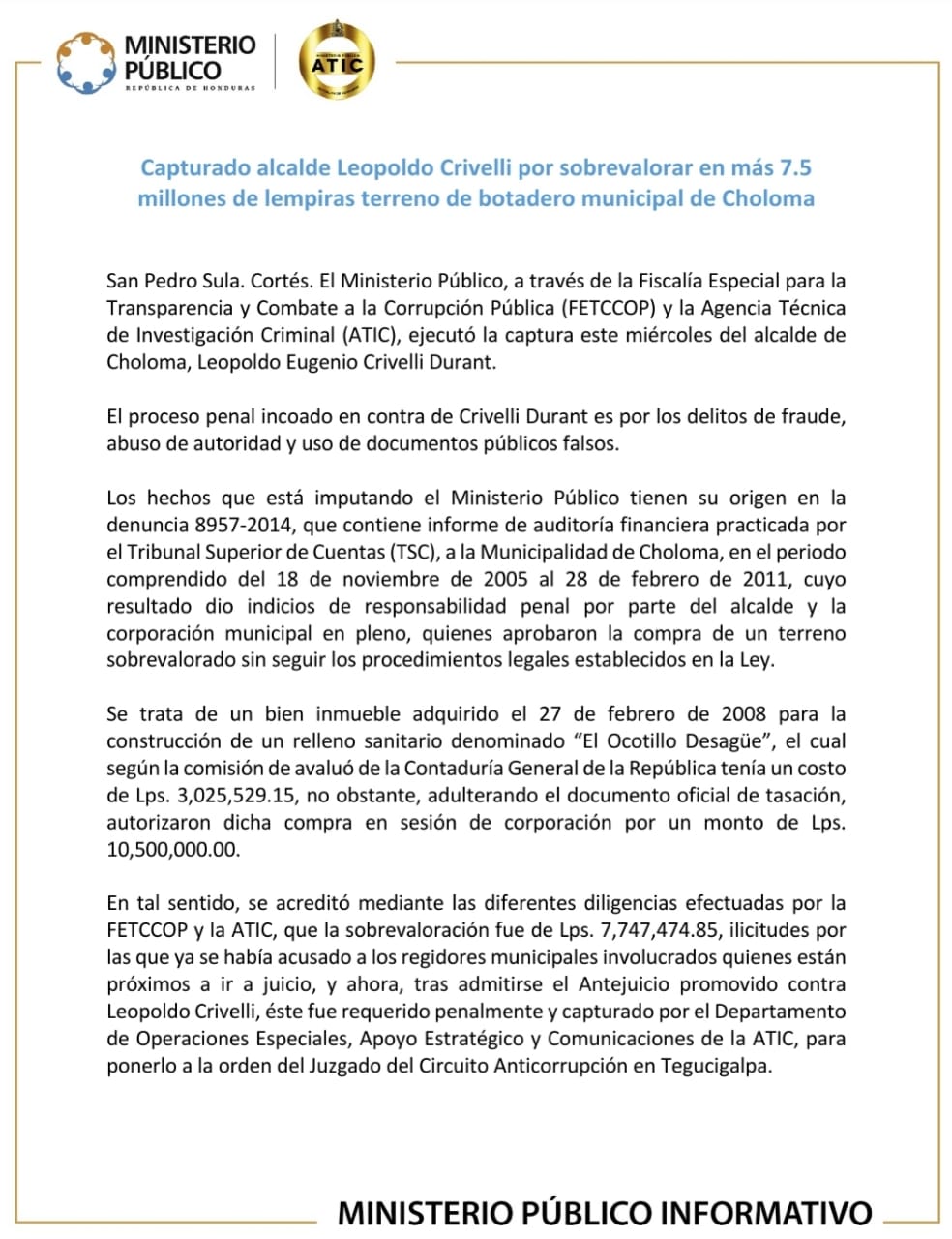 Por tres delitos arrestan al alcalde de Choloma, Cortés, Leopoldo Crivelli