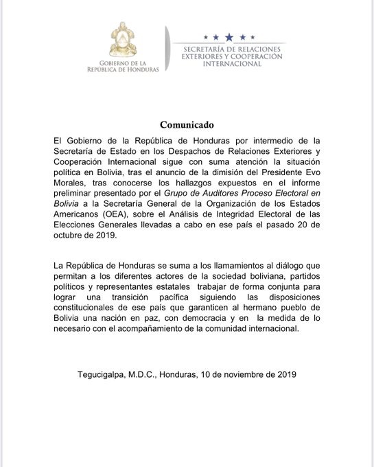 Comunicado Gobierno Honduras.