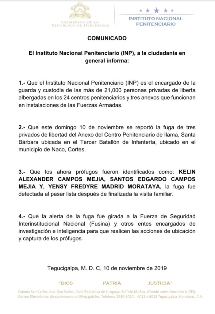 Comunicado Instituto Nacional Penitenciario. 