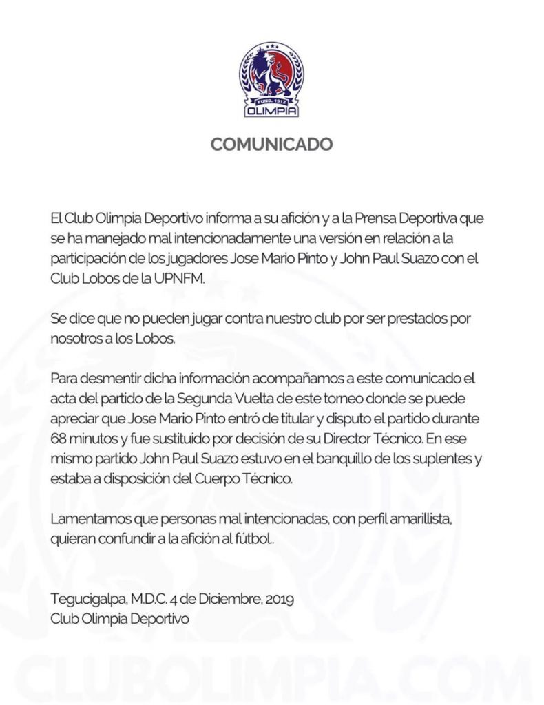 Comunicado del Olimpia