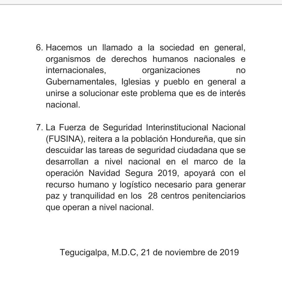 Pronunciamiento de la Junta Interventora del sistema penitenciario en relación a la masacre en la cárcel de Tela