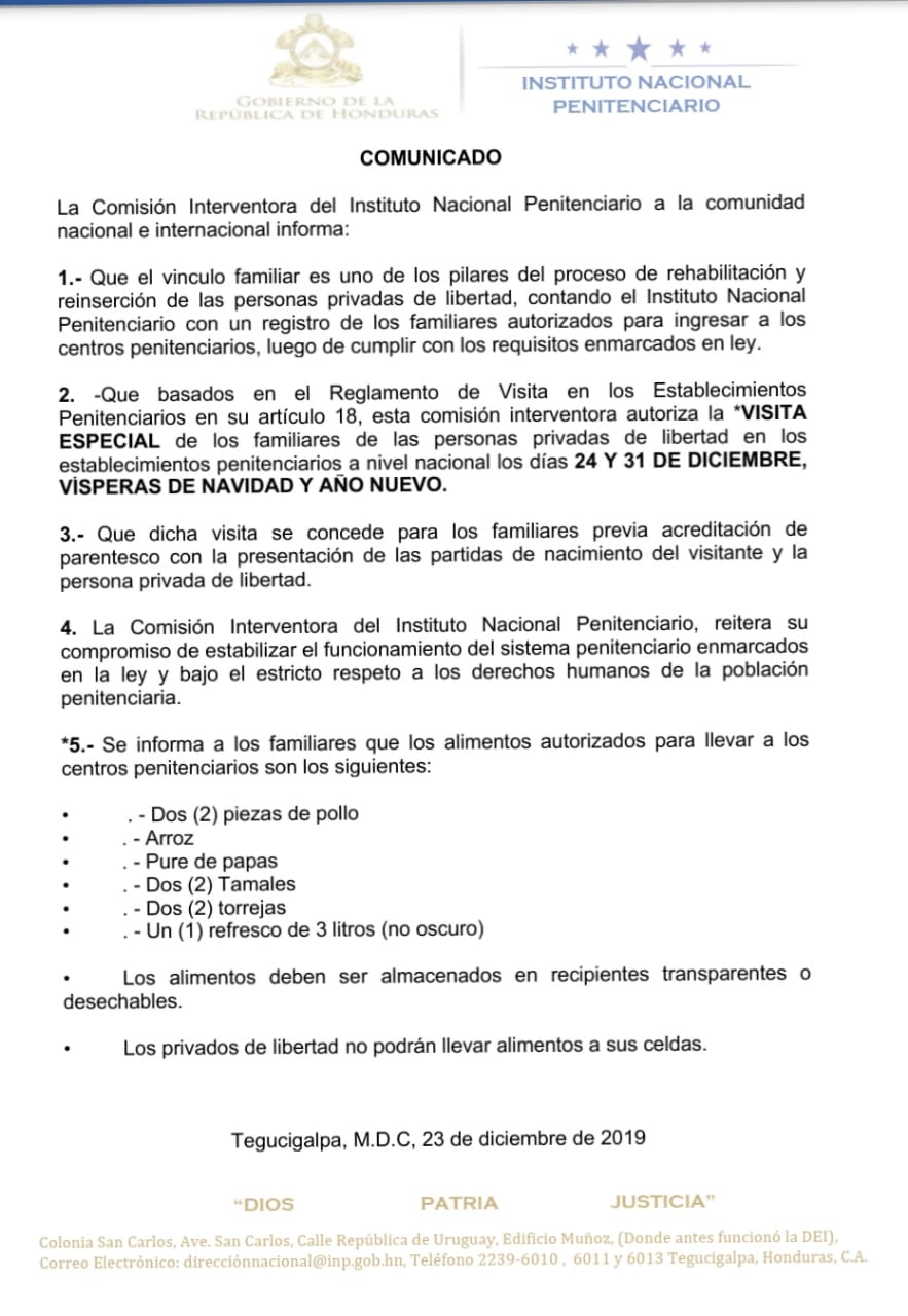 Familiares podrán visitar el 24 y 31 de diciembre a privados de libertad bajo estas condiciones