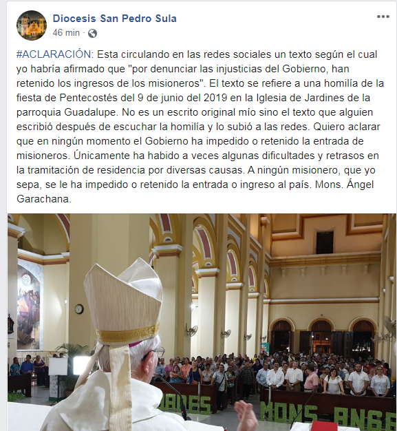 Aclaración Diócesis San Pedro Sula.