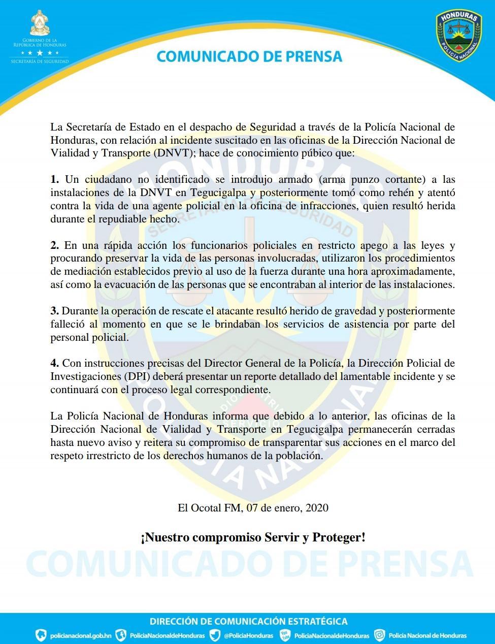 Supuestamente molesto por una multa, hondureño llega a Tránsito toma de rehén a Policía y es abatido
