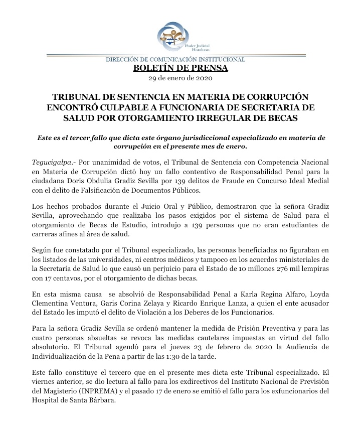 Comunicado del Poder Judicial.