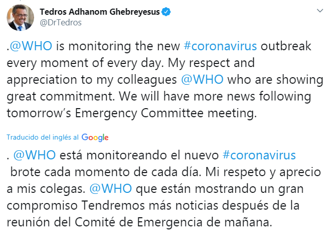OMS convoca a reunión de emergencia por coronavirus
