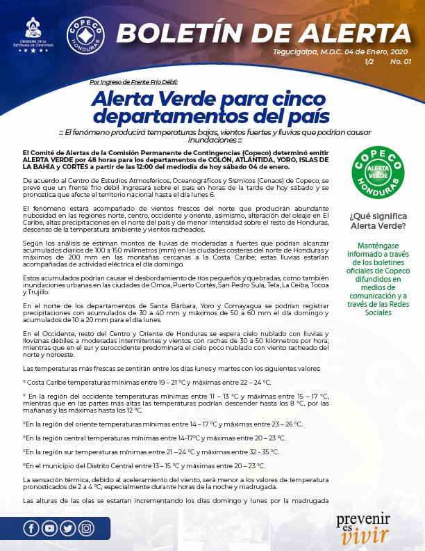 Emiten alerta verde para cinco departamentos de Honduras por ingreso de frente frío