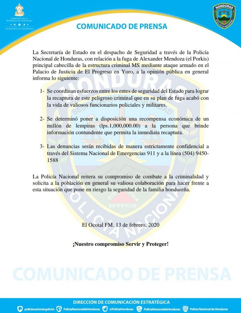 Comunicado Secretaría de Seguridad.