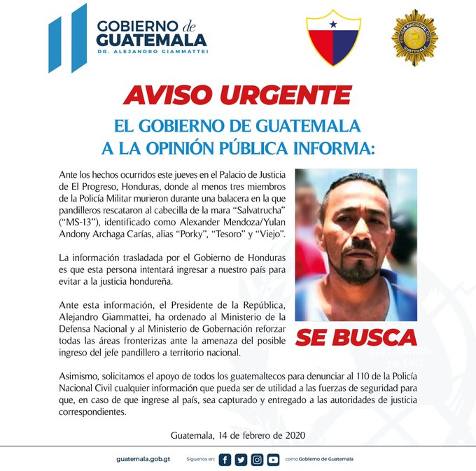 Guatemala refuerza todas las áreas fronterizas ante el posible ingreso del hombre más buscado en Honduras "El Porkis"