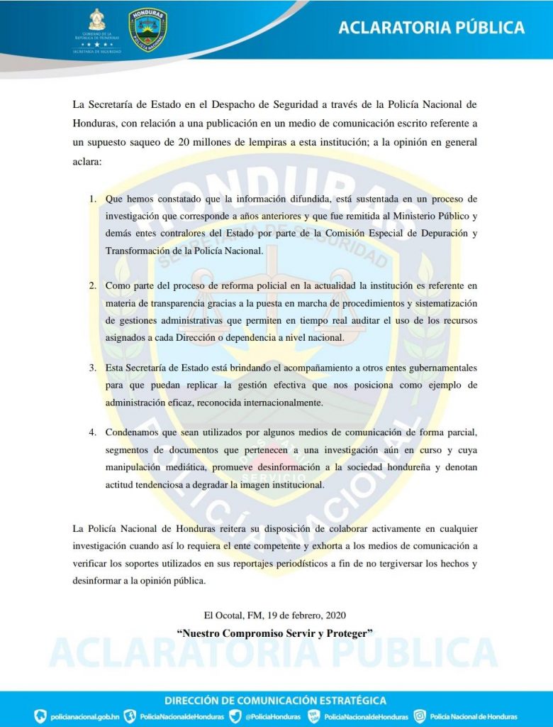 Comunicado oficial de la Policía Nacional.