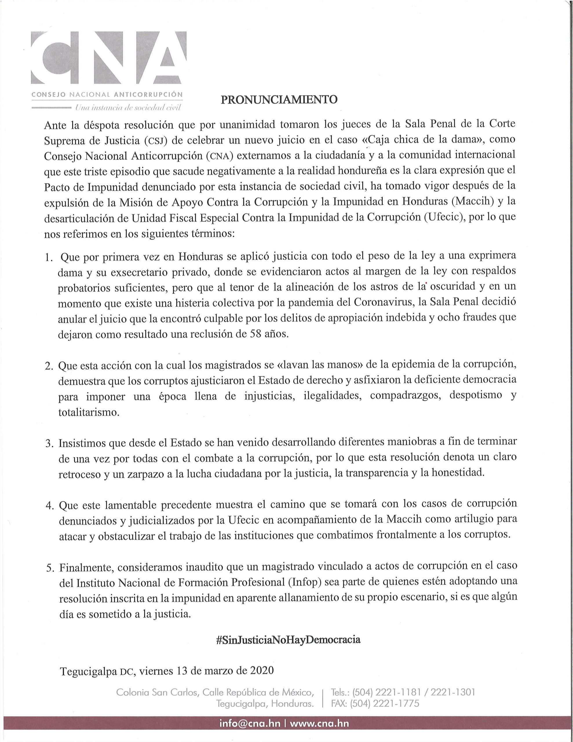 CNA se pronuncia sobre la repetición del juicio de la ex primera dama Rosa Elena de Lobo