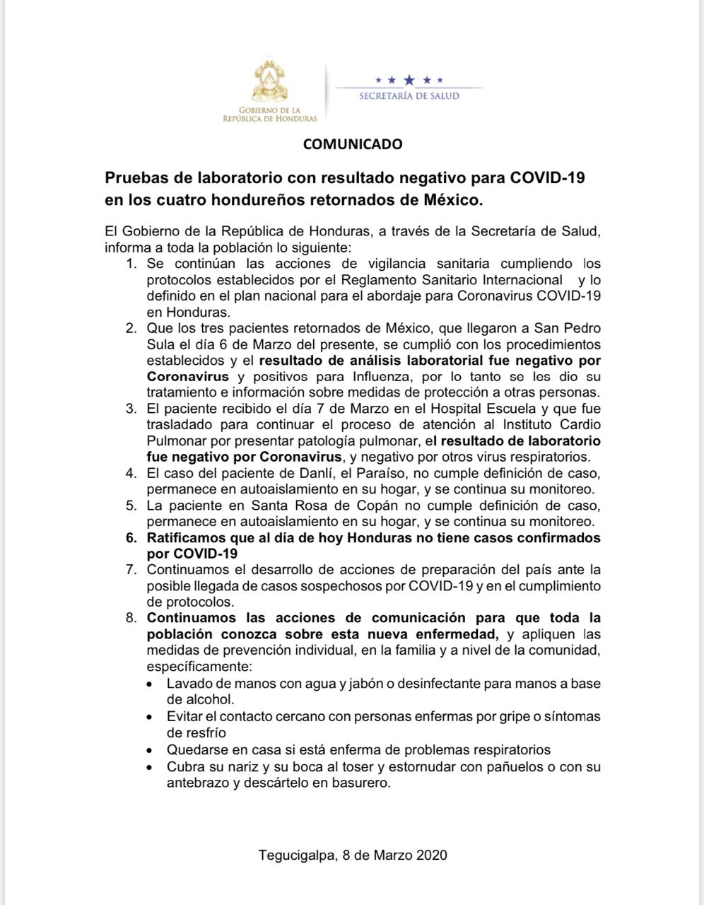 Secretaria de Salud confirma que en Honduras no hay casos de coronavirus