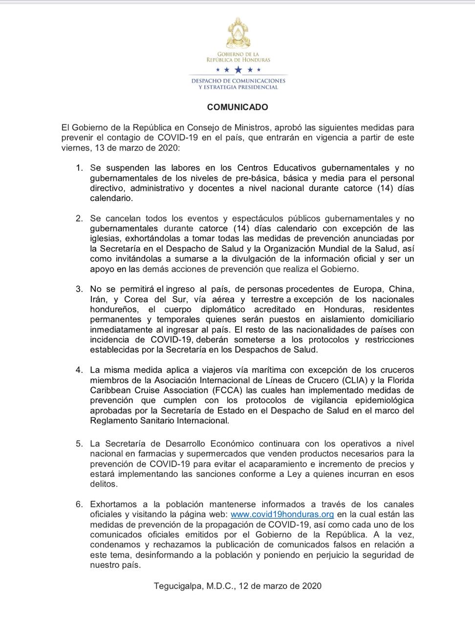 Honduras suspende clases, eventos públicos y restringe entrada de personas de países con reporte de coronavirus