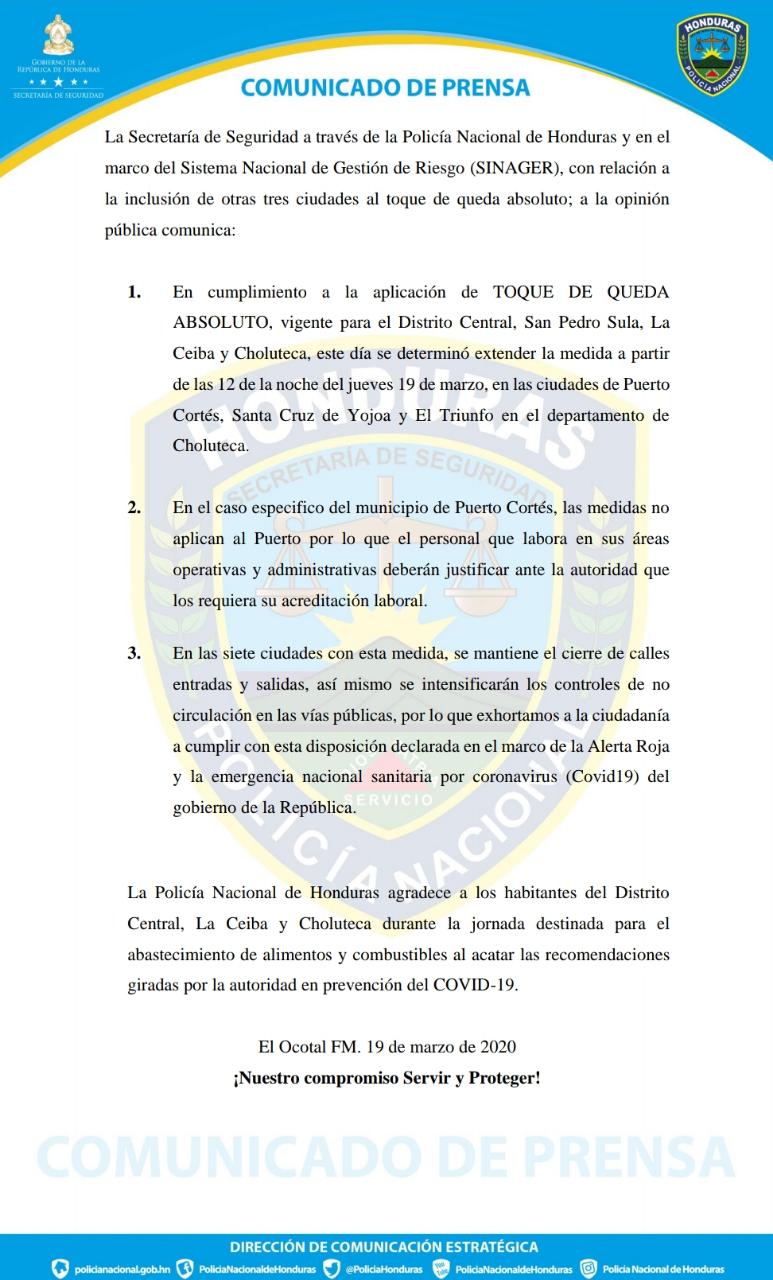 Coronavirus: Toque de queda absoluto se extiende a siete ciudades de Honduras