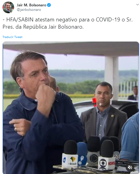 Presidente de Brasil da negativo a segunda prueba por coronavirus