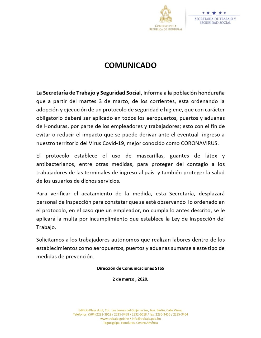 Refuerzan medidas de control en aeropuertos y fronteras de Honduras para prevenir el coronavirus