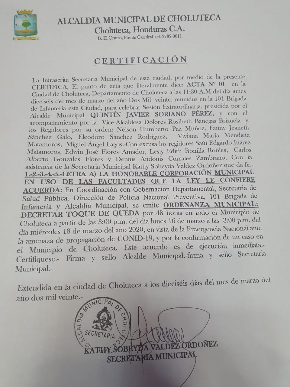 Choluteca decreta toque de queda ante amenaza de coronavirus