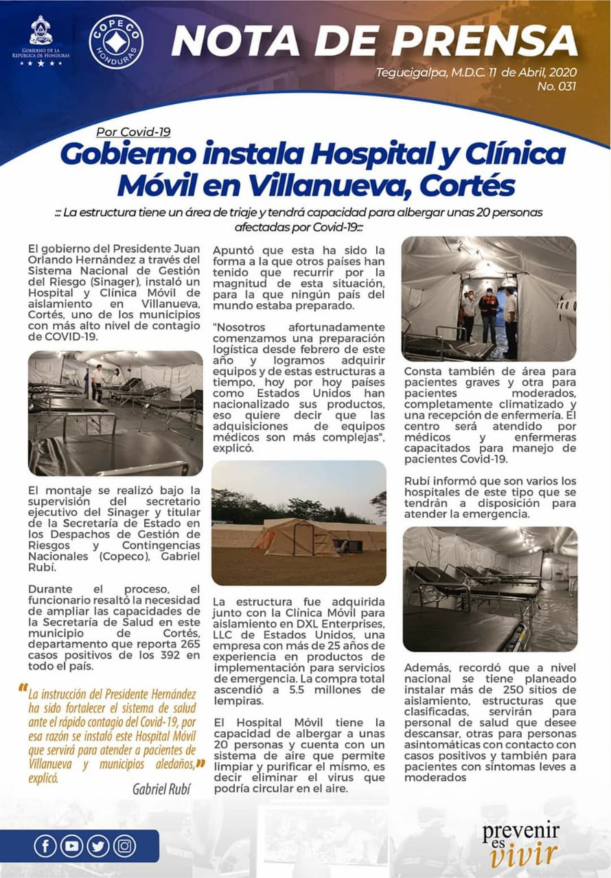 Coronavirus: Imágenes del hospital de aislamiento en Villanueva, Cortés, que elimina el virus que circula en el  aire