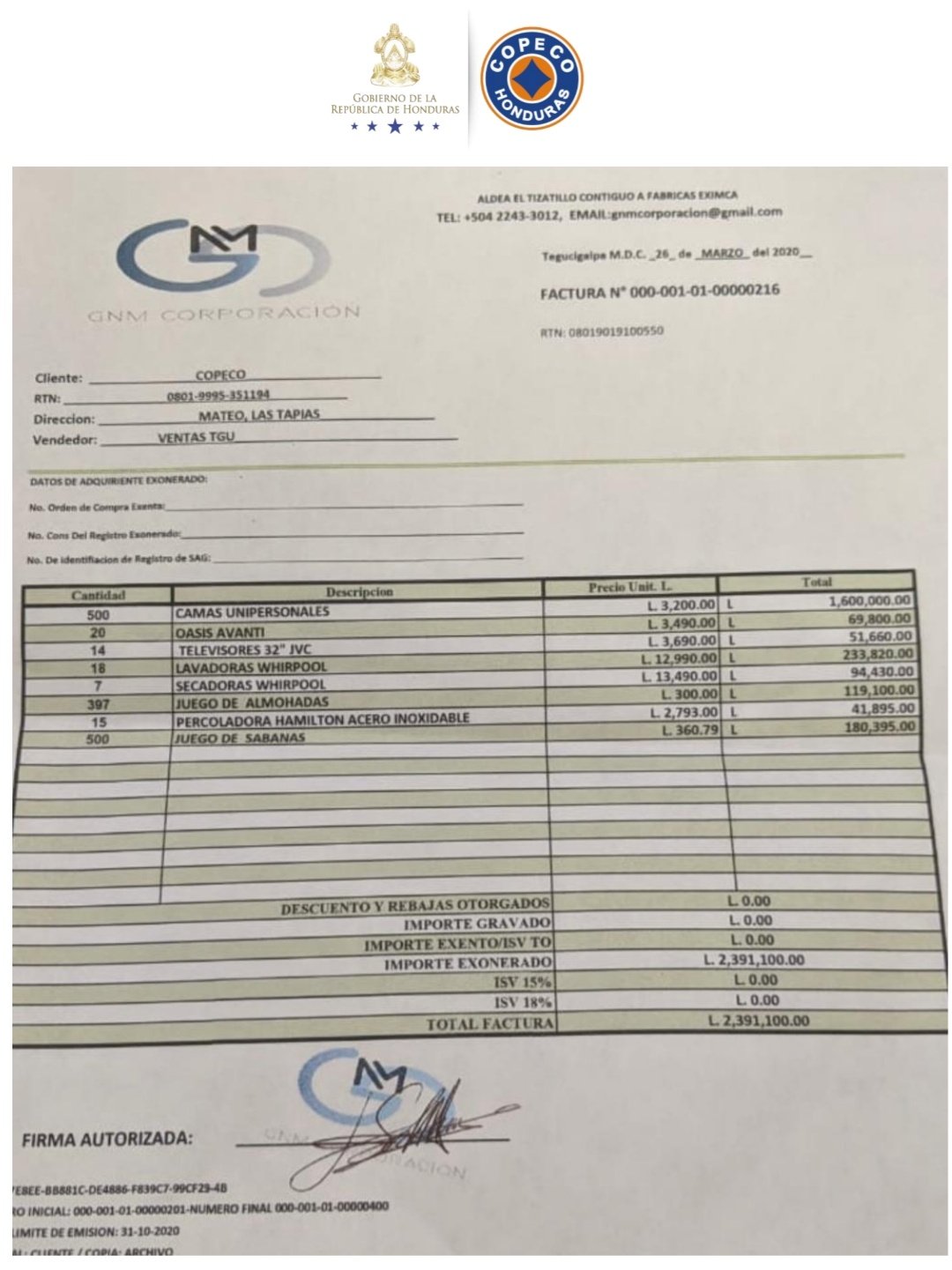 Copeco revela facturas de la compra de percoladoras y televisores con presupuesto del covid-19