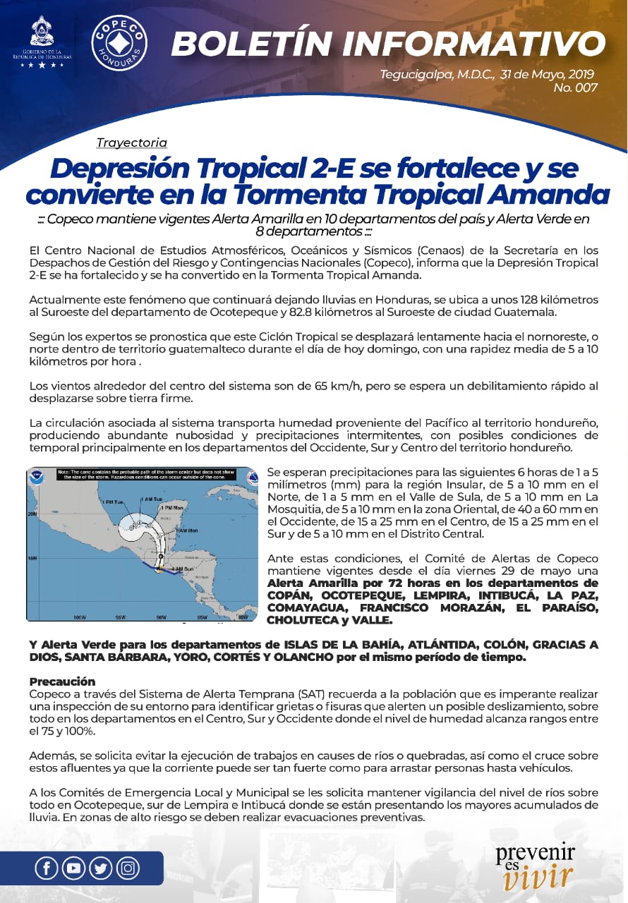 Depresión tropical 2-E se fortaleció y pasó a ser Tormenta "Amanda" dejará lluvias sobre varias regiones de Honduras