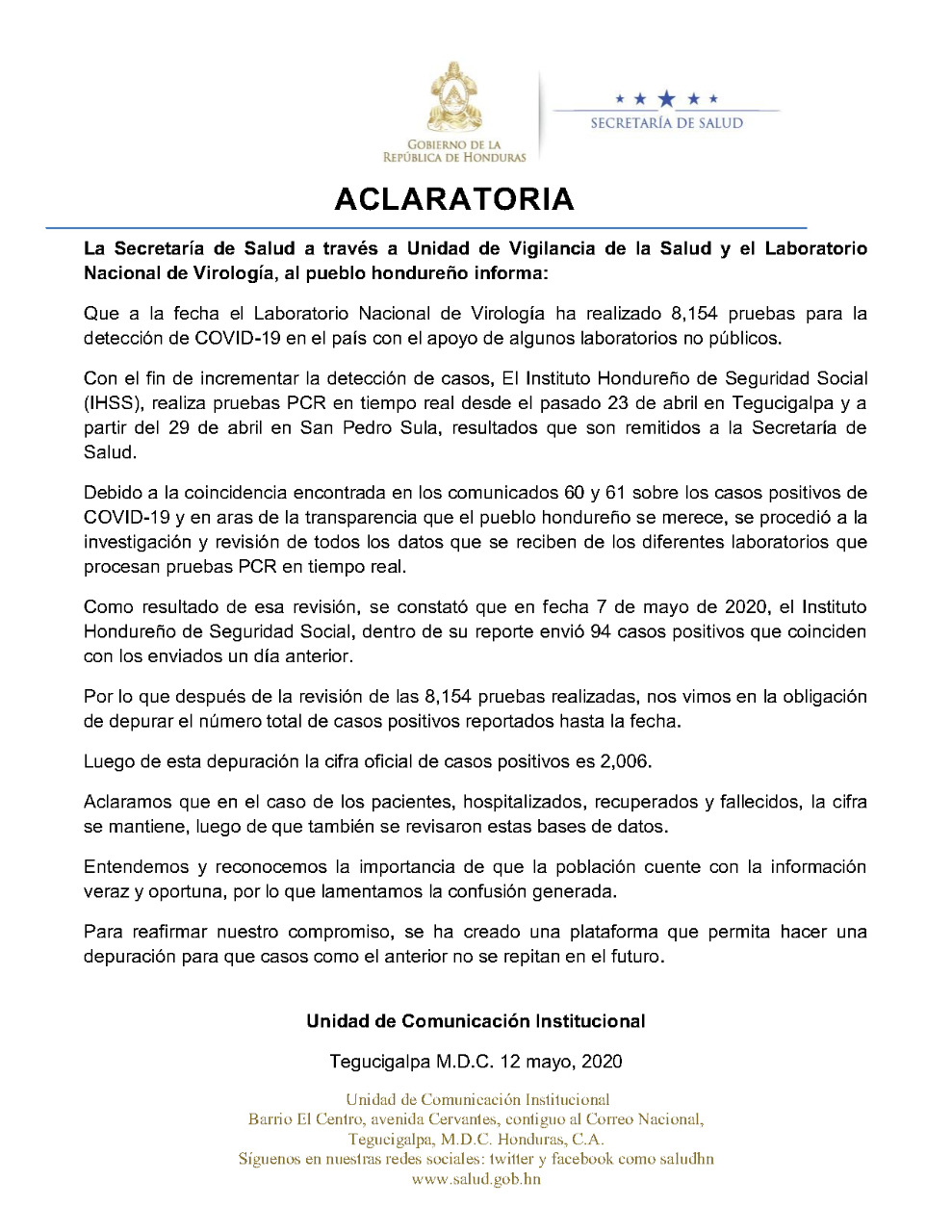 Secretaría de Salud rectifica cifra de casos positivos por covid-19 a la fecha