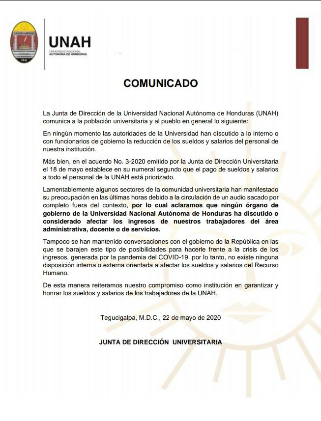 La UNAH descarta reducción de sueldos y salarios a empleados