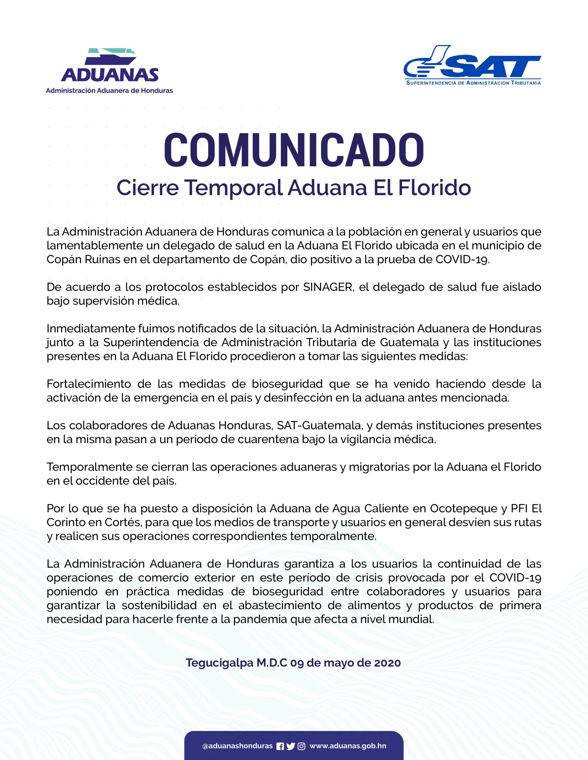 Cierran temporalmente la aduana El Florido, Copán, por contagio de covid-19