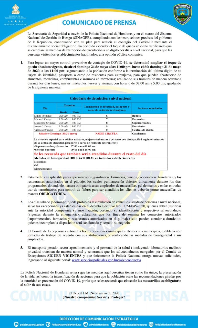 Sinager extiende la alerta roja y medidas de circulación hasta el 31 de mayo