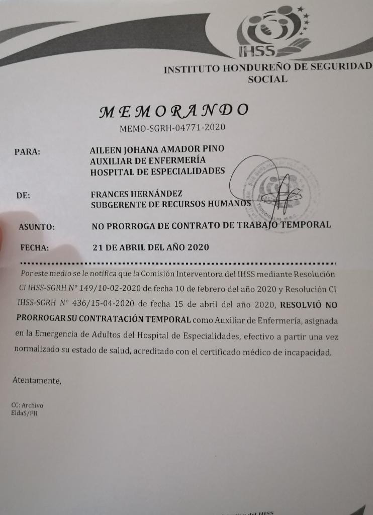 IHSS no renueva contrato a enfermera que se contagió de covid-19 atendiendo a pacientes contagiados
