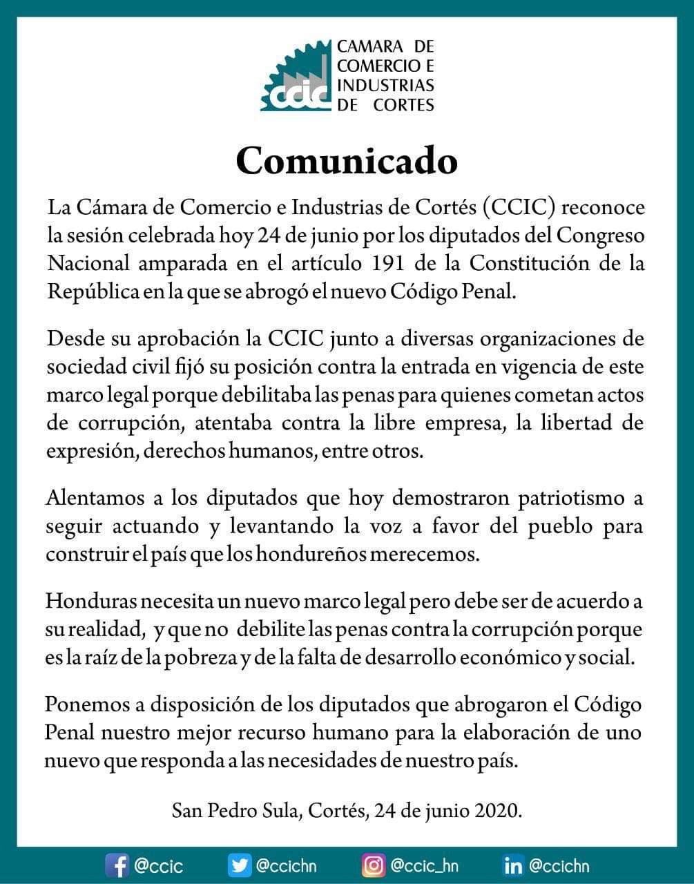 Cámara de Comercio de Cortés avala a diputados de la oposición por su "patriotismo" en la lucha contra el Código Penal