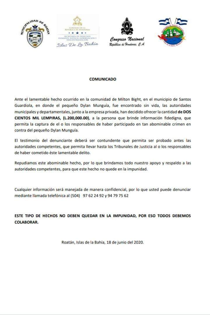 Ofrecen recompensa de L 200 mil por información de responsables de abusar y matar a niño de 4 años en Roatán