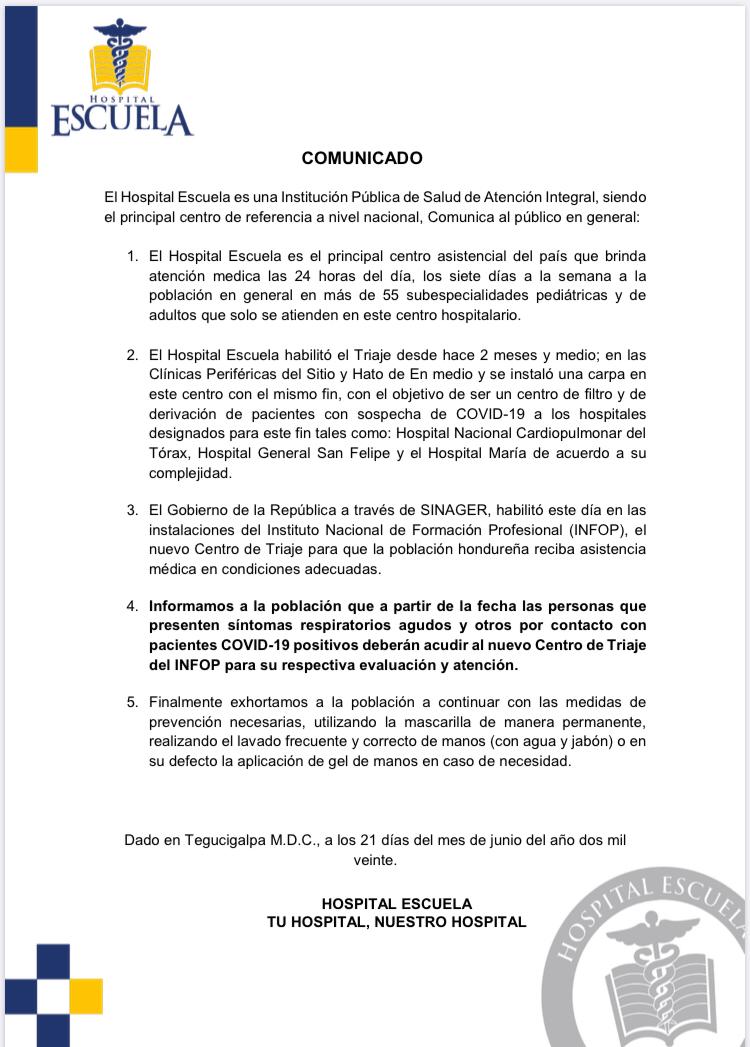 Hospital Escuela ya no atenderá a pacientes con síntomas o sospechosos por covid-19
