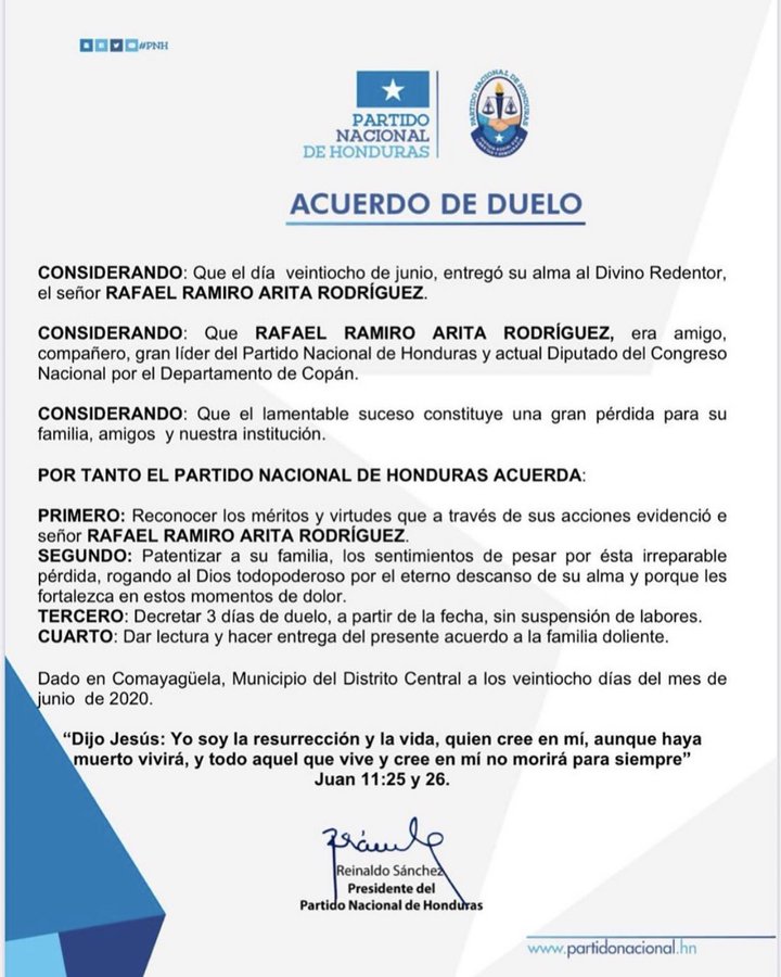 Honduras registra el primer diputado fallecido por covid-19, Rafael Arita