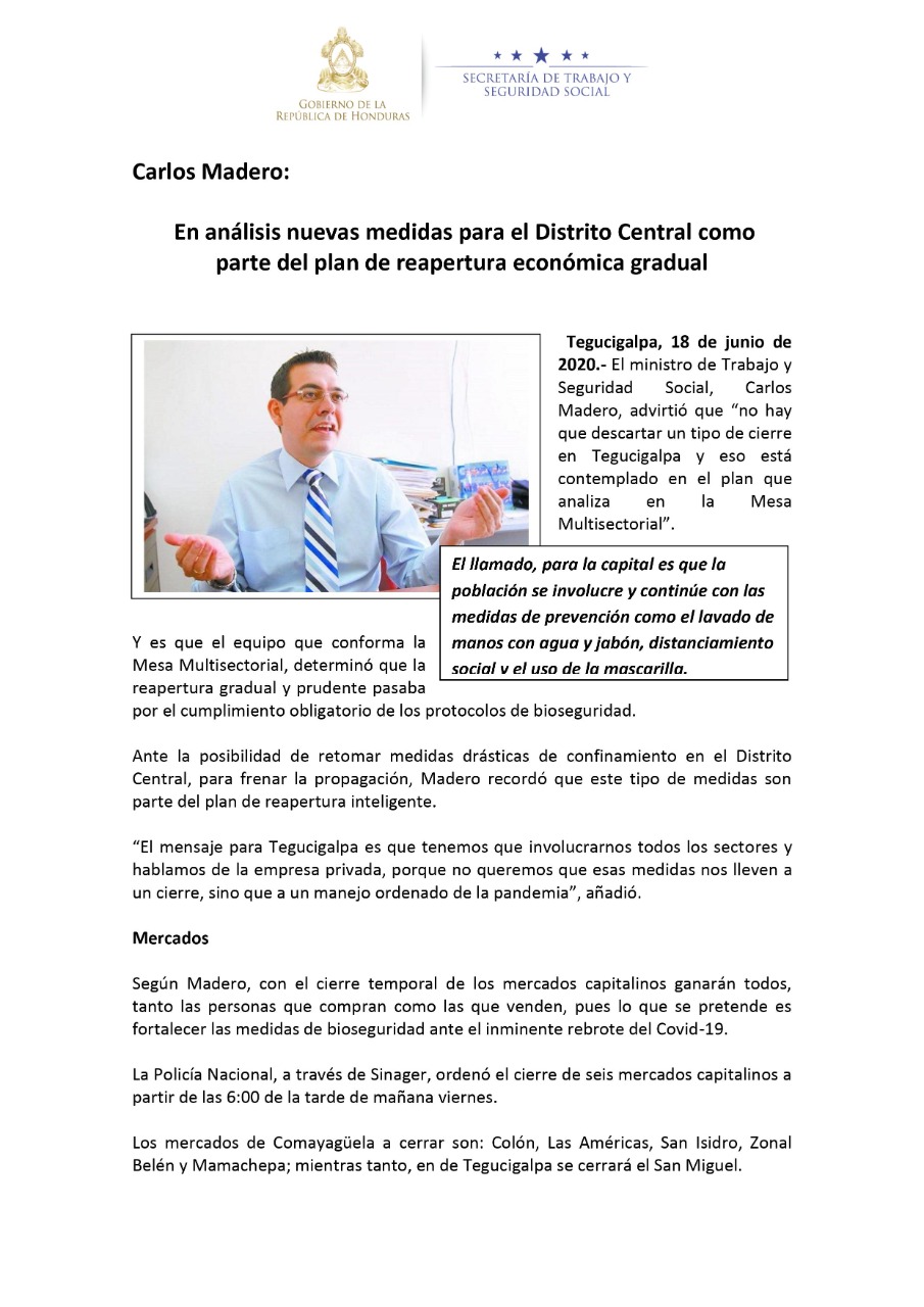 Tegucigalpa podría cerrarse por incremento de casos de covid-19, advierte Madero