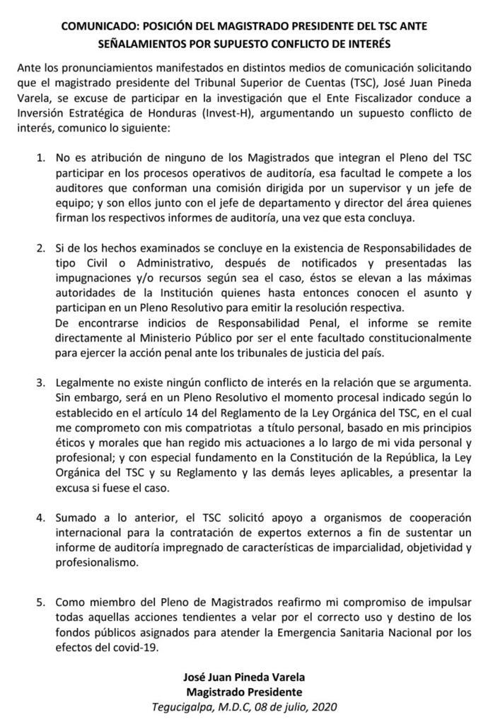 Presidente del Tribunal Superior de Cuentas dice que no se excusará de conocer acciones contra Invest-H