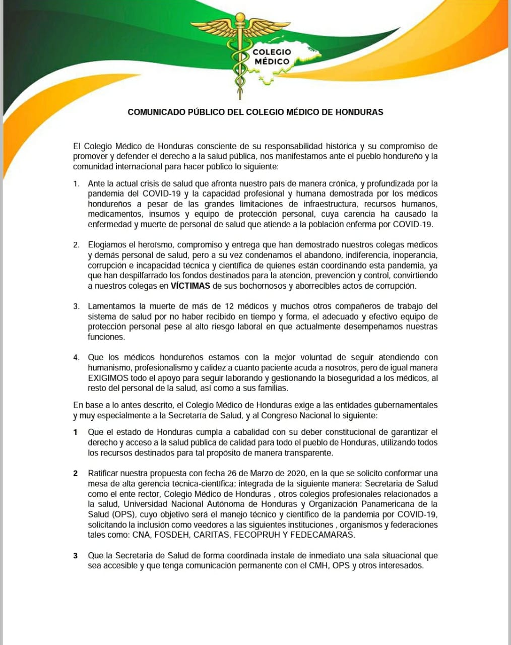 Colegio Médico de Honduras reclama el manejo de la pandemia por covid-19 en 12 puntos ¿Cuáles son?