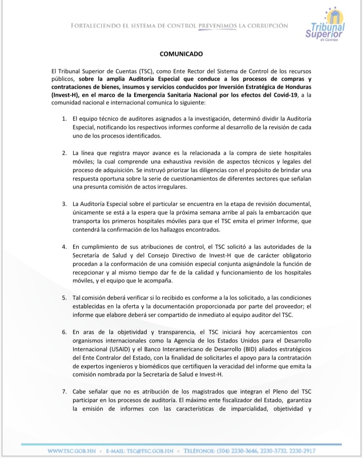 Tribunal Superior de Cuentas realiza auditoría especial a Invest-H, a la espera de hospitales móviles