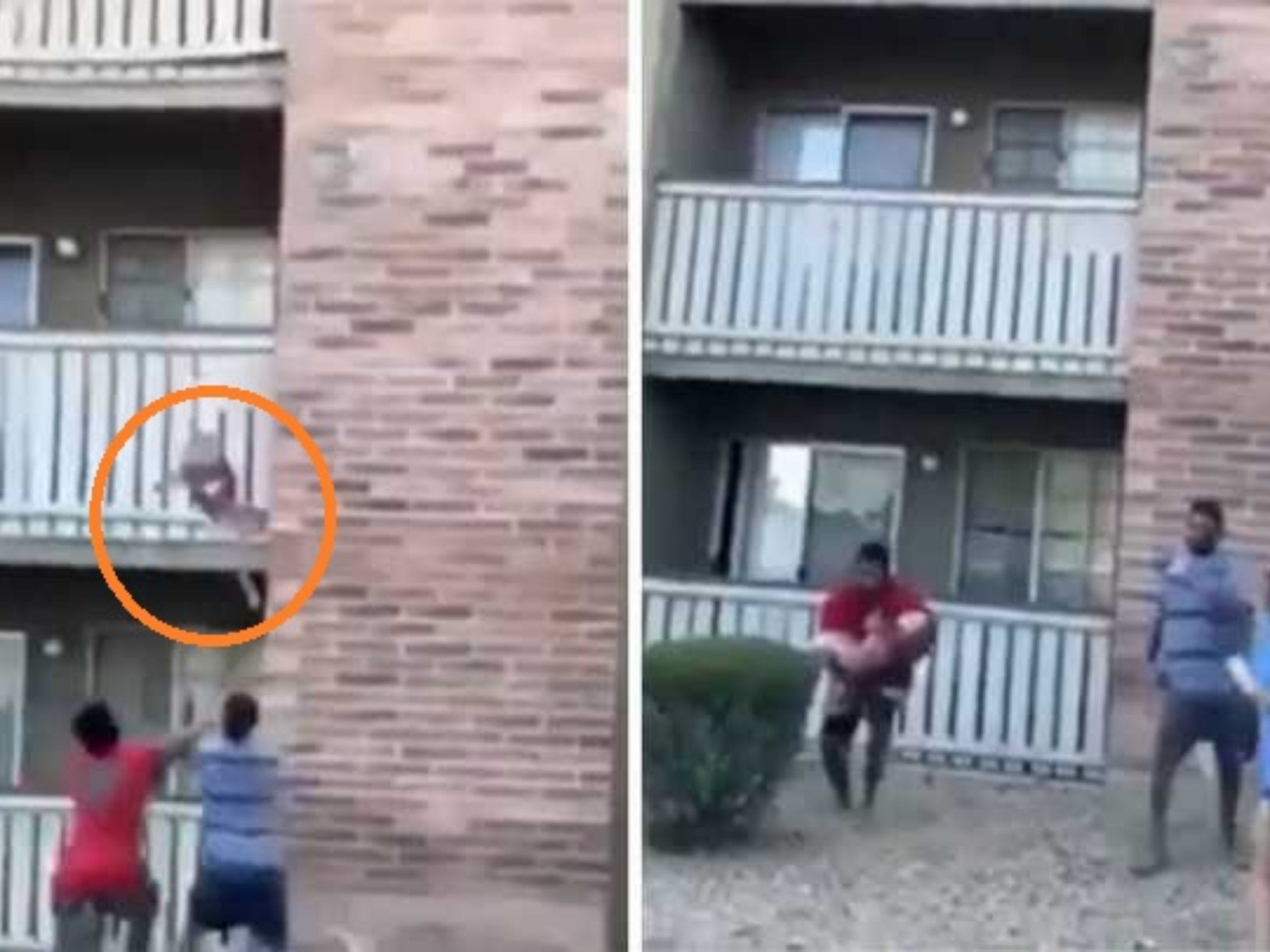 Video dramático cuando un  niño es arrojado por su mamá desde un edificio en llamas y atrapado por un hombre