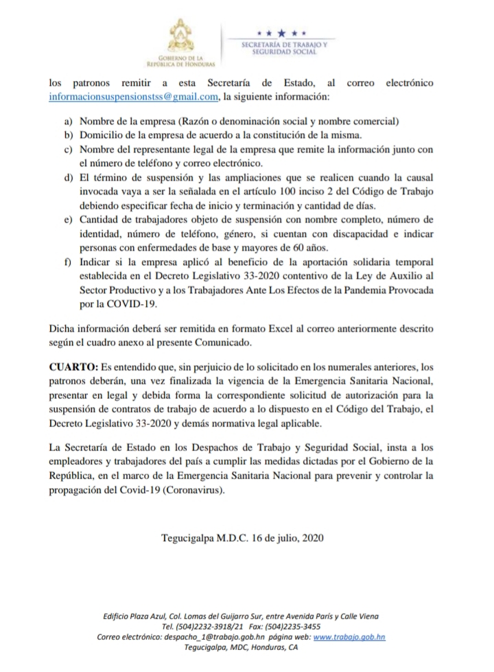 Período de suspensión de contratos de trabajo estará sujeto a la terminación de la emergencia